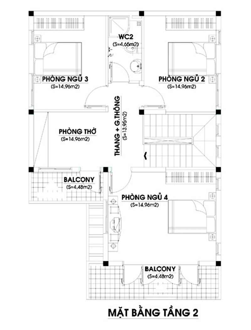 Mặt bằng tầng 2: Mẫu nhà 2 tầng 4 phòng ngủ 80m2
